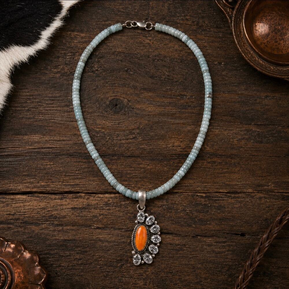 16" Larimar Heishi Necklace with Orange Spiny CZ SS Pendant